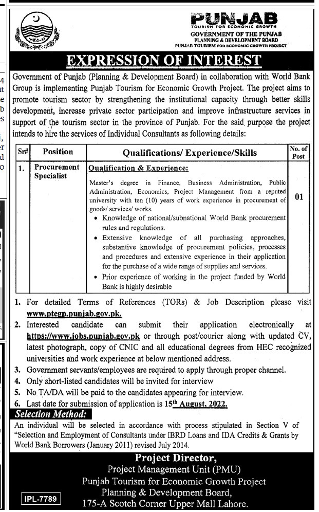 Punjab Planning & Development Board Jobs 2022 for Procurement Specialist Apply Online Latest