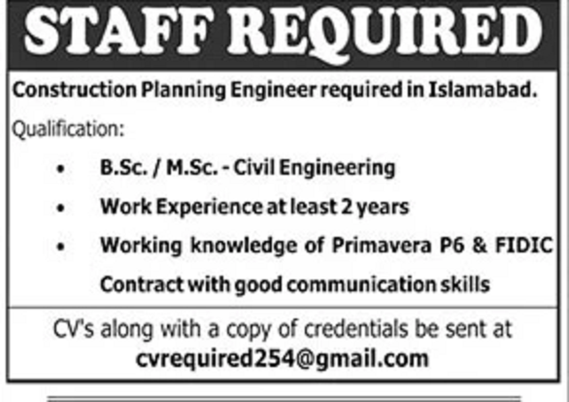 Reputed Organization Jobs 2022 for Constriction Planning Engineer in