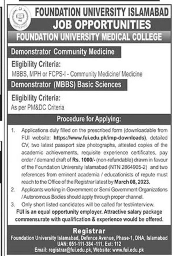 Foundation University Islamabad Jobs 2023 for Demonstrators FUI Latest