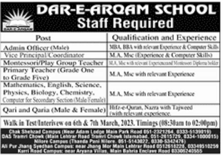 Dar-e-Arqam School Islamabad Jobs 2023 for Teachers and Non-Teaching ...