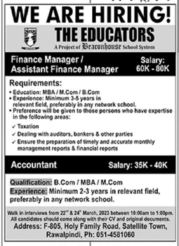 Educators Jobs 2023 for Finance Managers & Accountant in Rawalpindi Latest