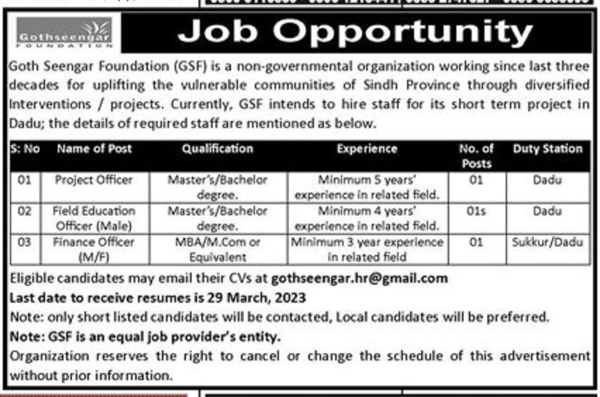 Goth Seengar Foundation Jobs 2023 for Project Officer, Finance Officer