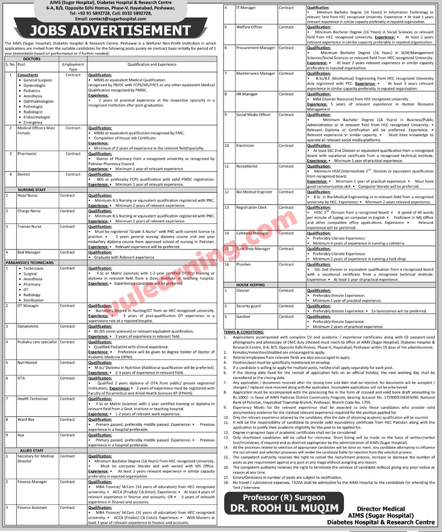 AIMS Diabetes Hospital & Research Centre Peshawar Jobs 2023 for