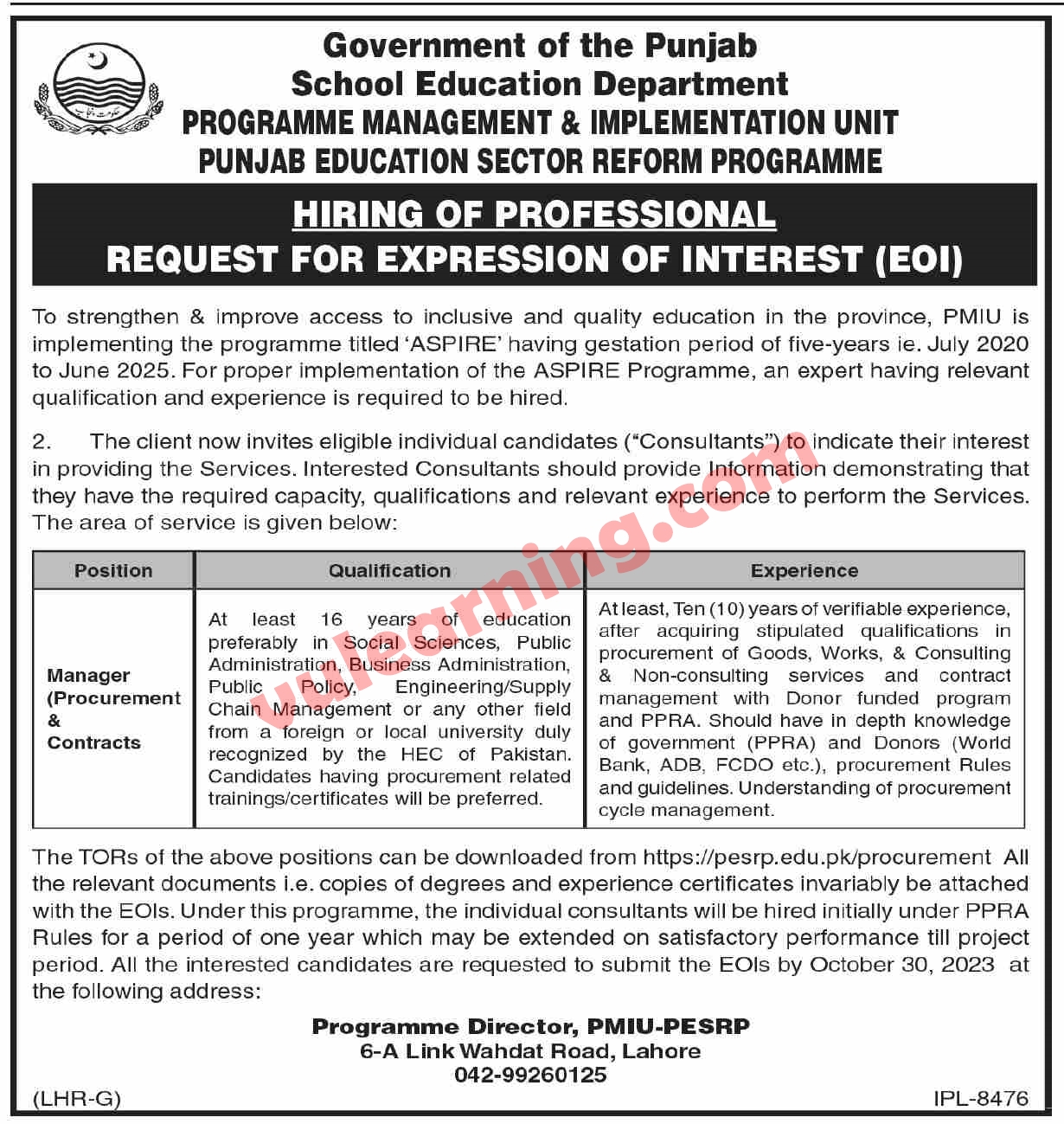 School Education Department Punjab Jobs 2023 for Manager (Procurement ...