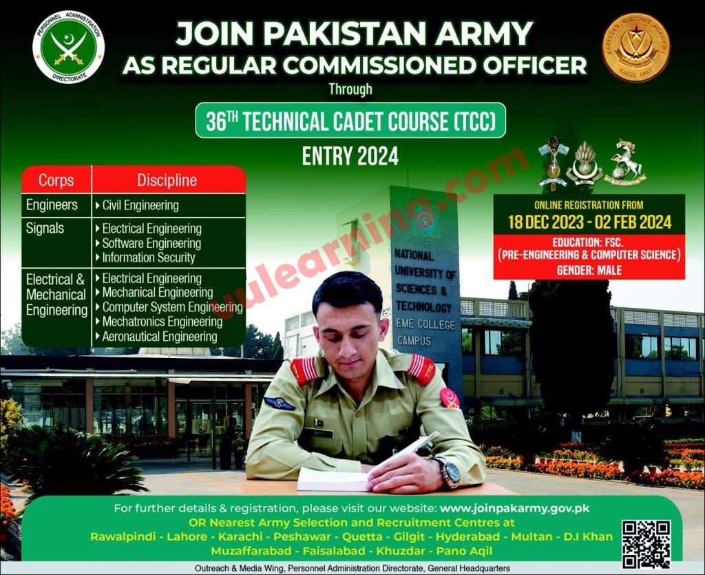 Join Pakistan Army through 36th Technical Cadet Course (TCC) 2024