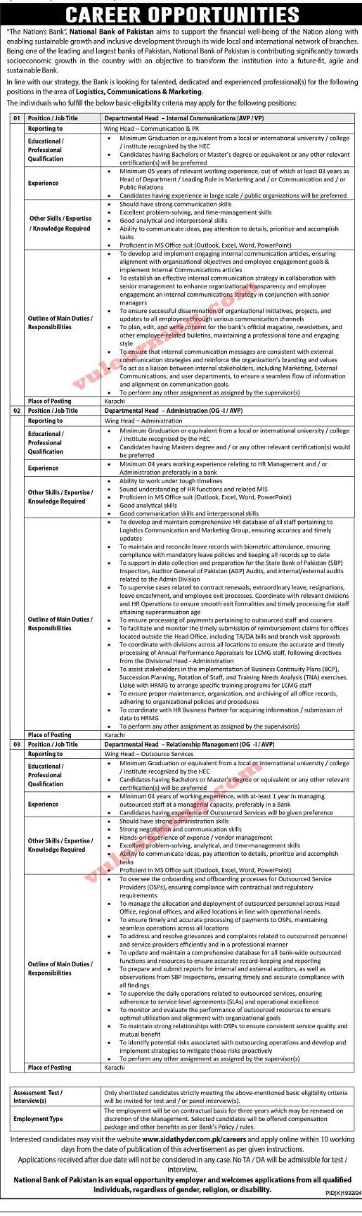 National Bank of Pakistan Jobs 2025 Apply Online for Department Heads