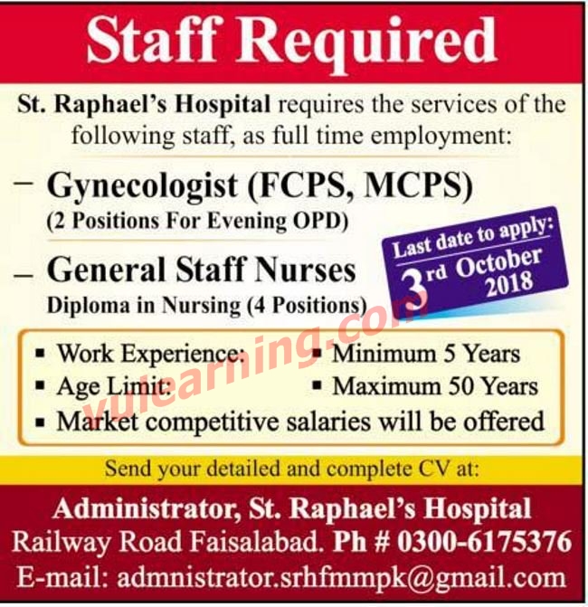 Advertisement of St. Raphael’s Hospital Faisalabad Jobs 2018 for Nurses