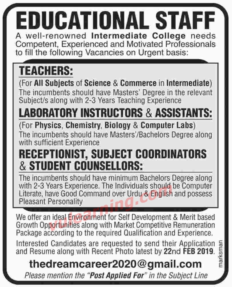 Advertisement of Well Renowned Intermediate College Jobs 2019 for