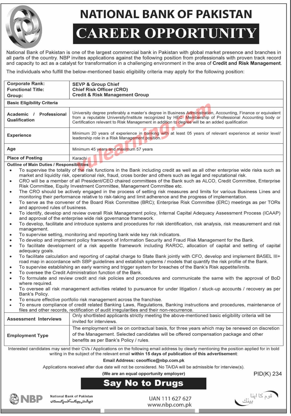 Advertisement of National Bank of Pakistan (NBP) Karachi Jobs 2019 for ...