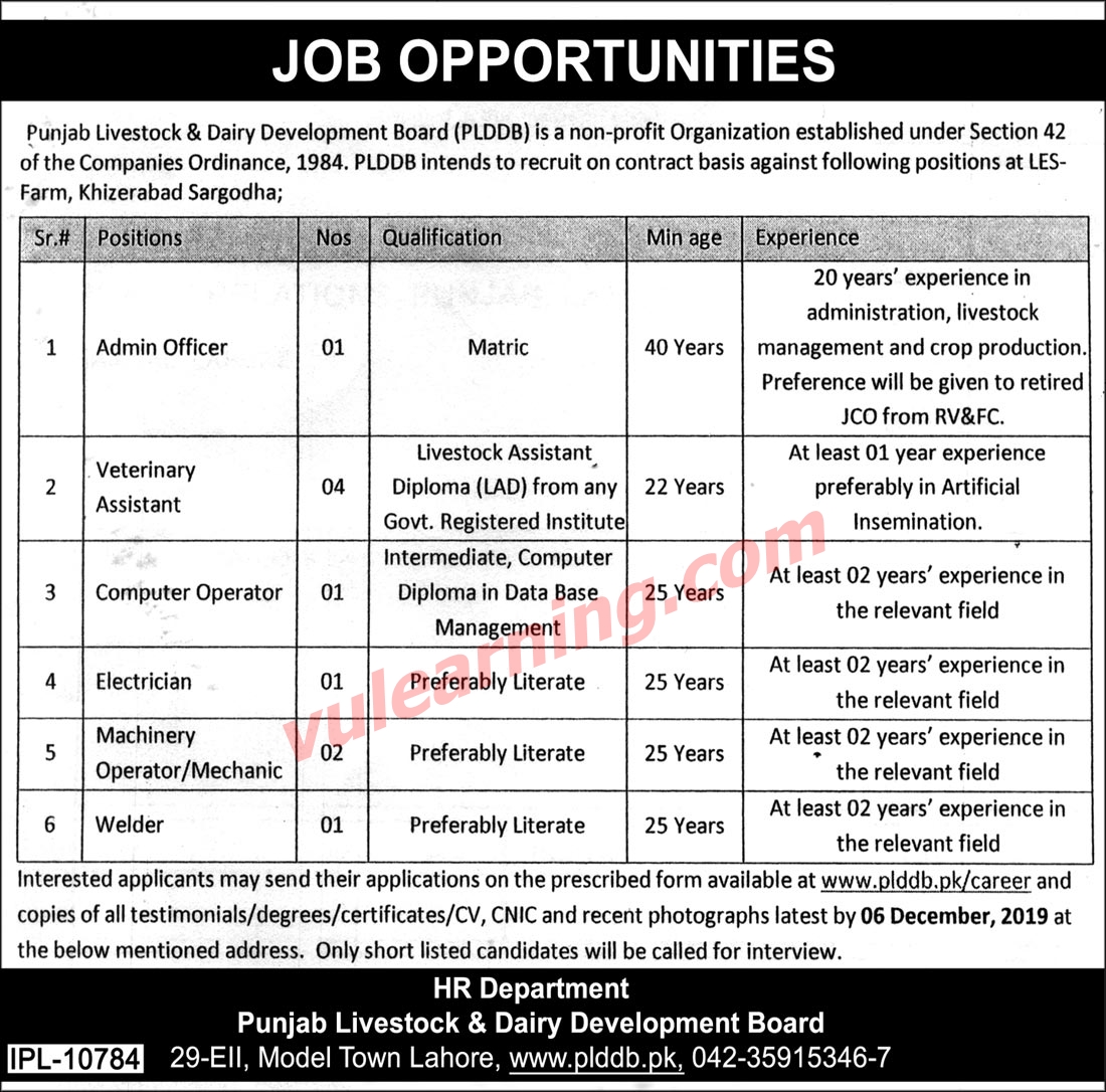 Punjab Livestock & Dairy Development Board (PLDDB) Jobs 2019 for 10