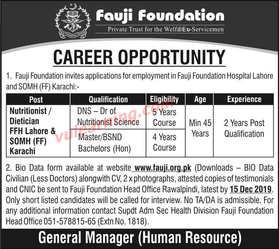 Fauji Foundation Jobs 2019 for Nutritionist / Dietitian (Lahore / Karachi) Latest