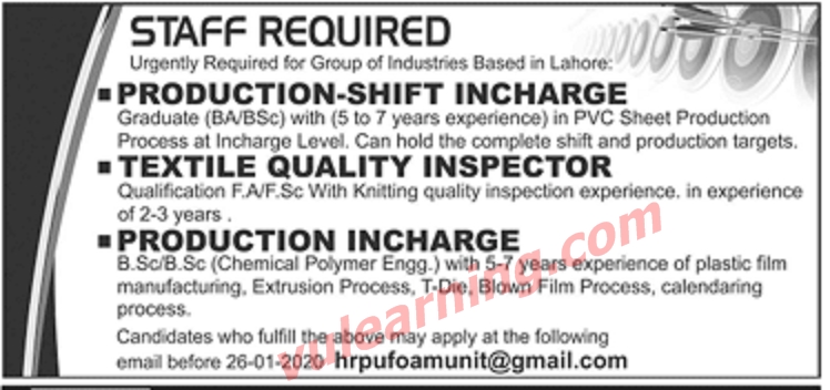 Group of Industries in Lahore Jobs 2020 for Production Shift Incharge ...