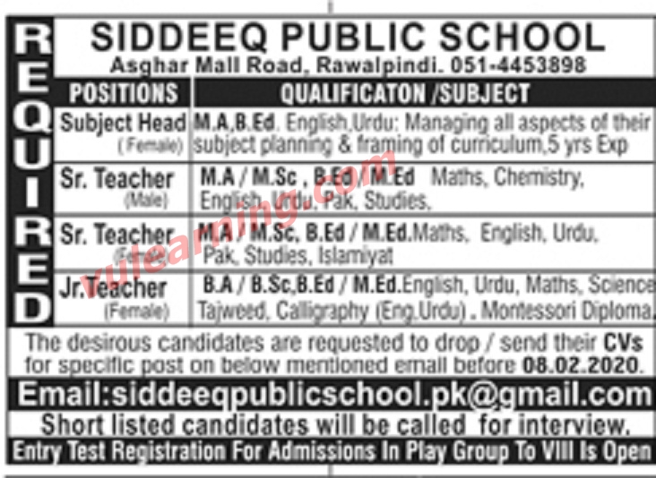 Siddeeq Public School Rawalpindi Jobs 2020 for Teachers & Section Head ...
