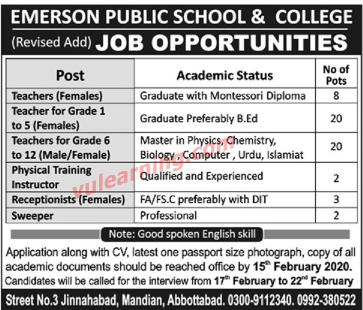 Advertisement of Emerson Public School & College Abbottabad Job 2020 ...
