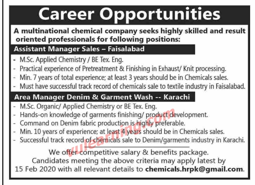 Multinational Chemical Company Jobs 2020 for Assistant Manager Sales