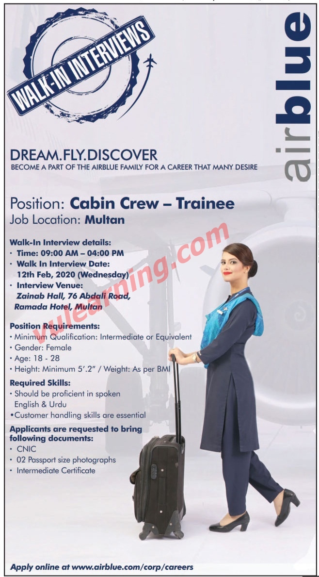 Advertisement of Air Blue Jobs 2020 for Cabin Crew Walk-In ...