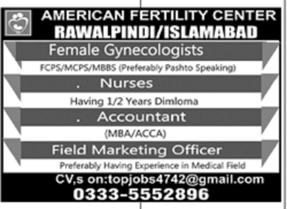 American Fertility Centre Rawalpindi / Islamabad Jobs 2020 for Female Gynecologists, Nurses