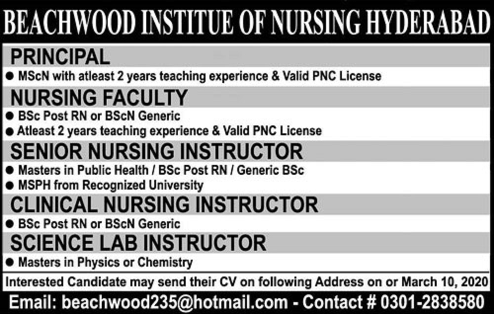 Beachwood Institute of Nursing Hyderabad Jobs 2020 for Principal