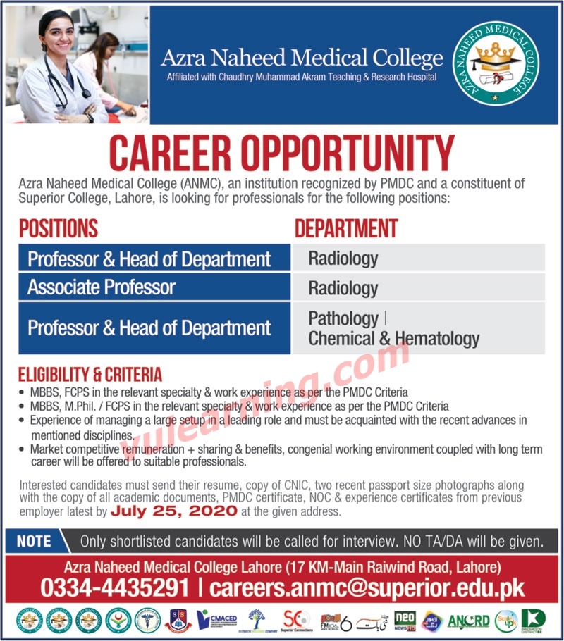 Azra Naheed Medical College Anmc Lahore Jobs 2020 For Professors