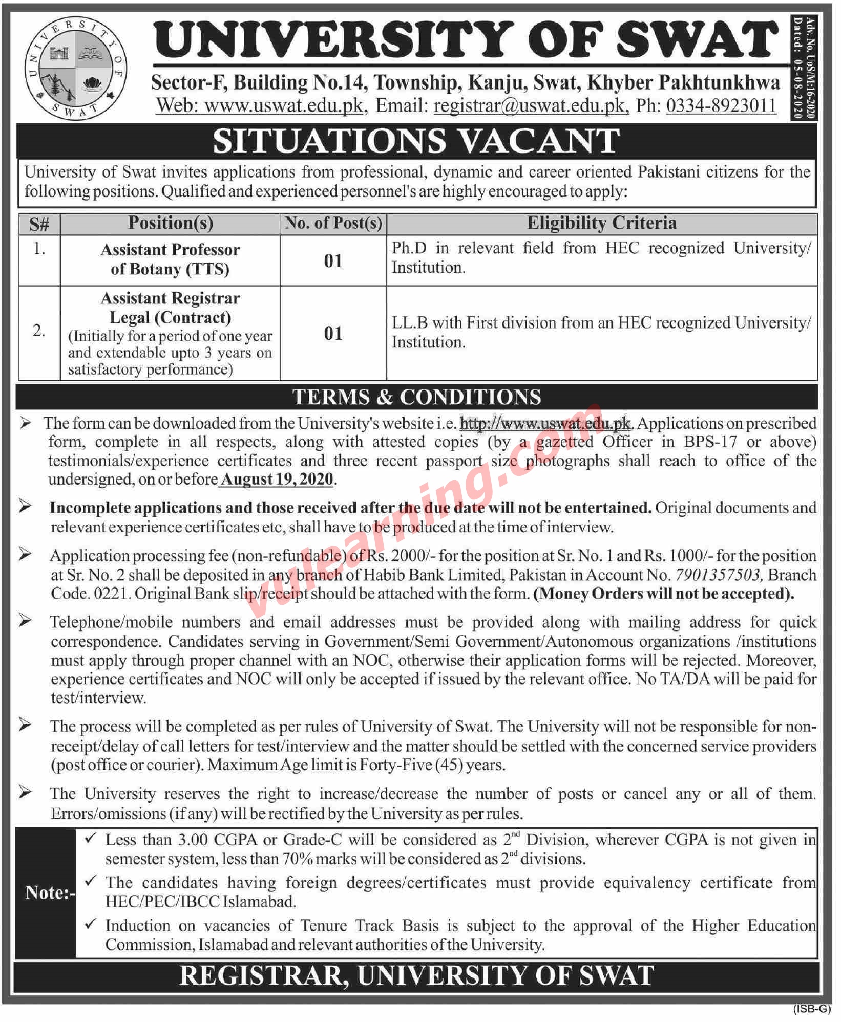 Advertisement of University of Swat Jobs August 2020 for Assistant ...