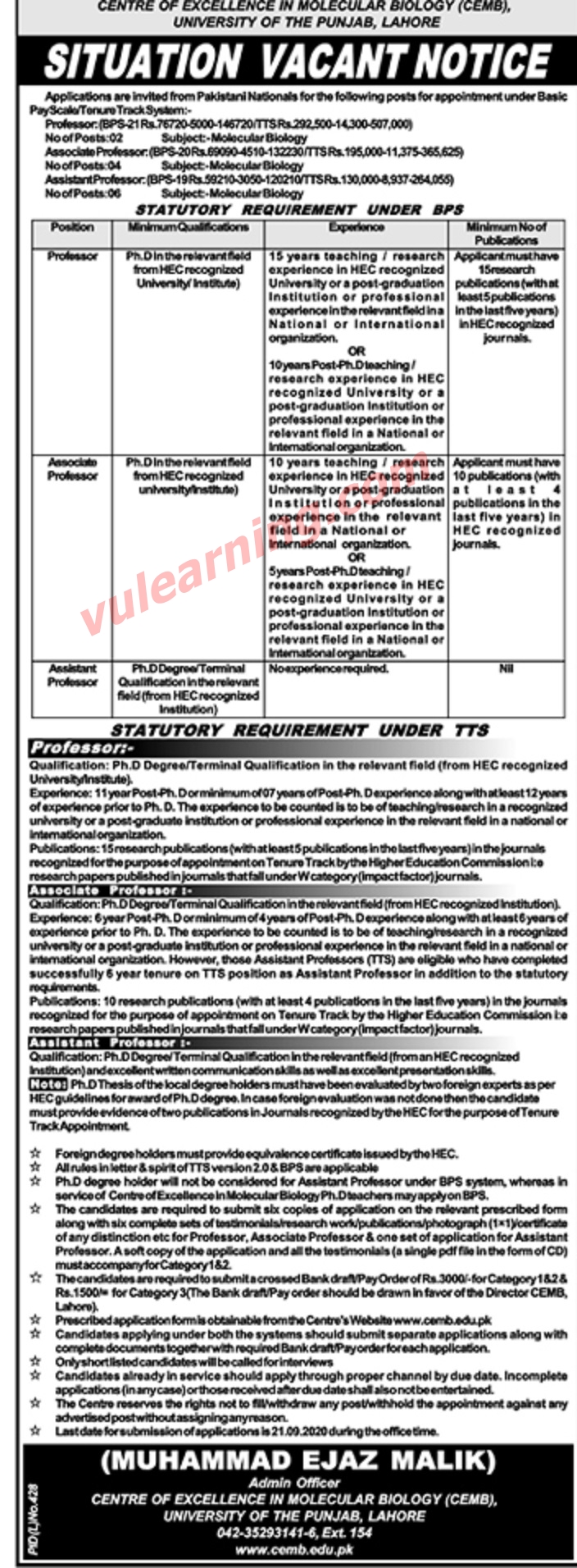 University of the Punjab Lahore Jobs 2020 for Teaching Faculty at