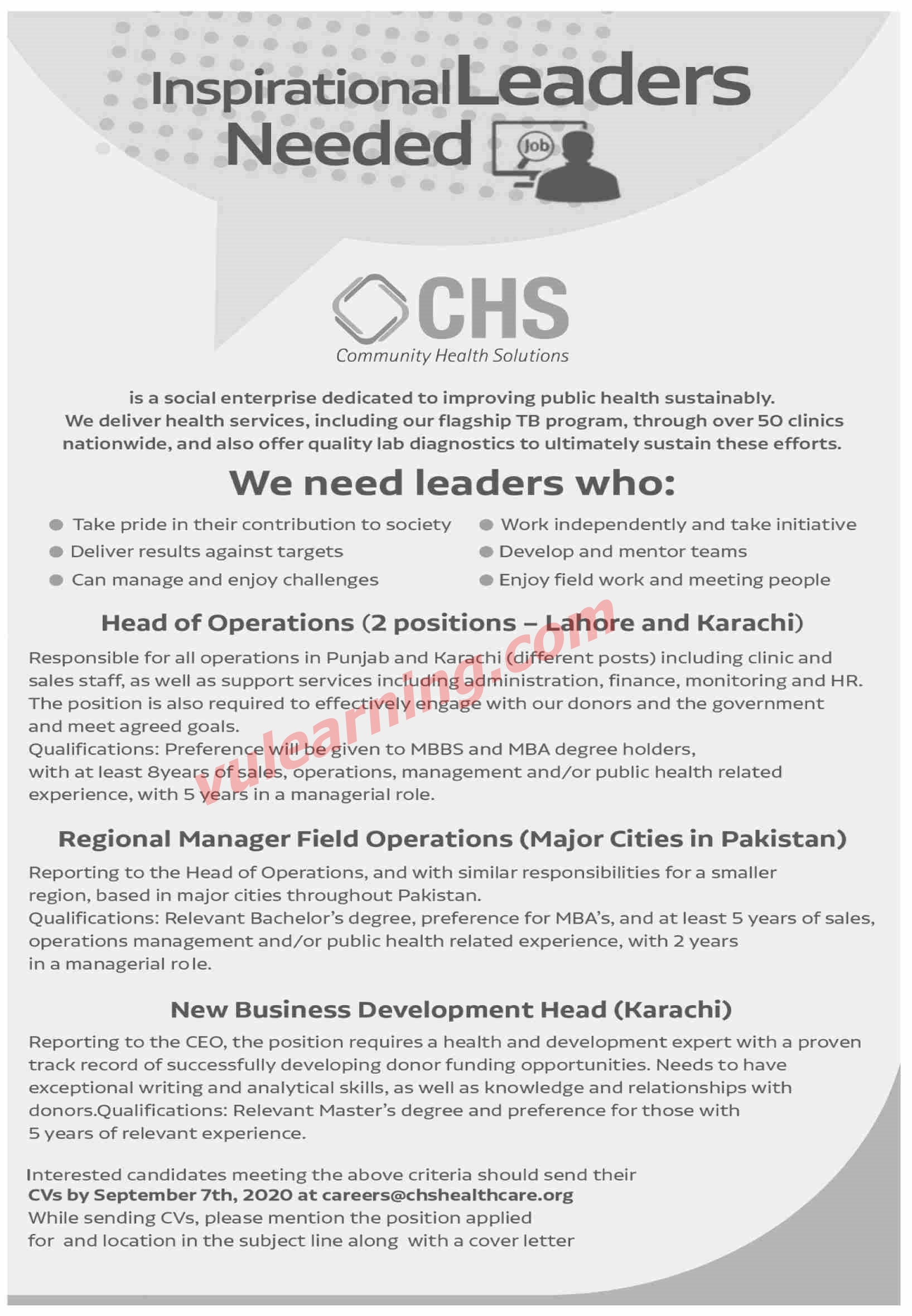 Advertisement of Community Health Solutions (CHS) Healthcare Jobs 2020