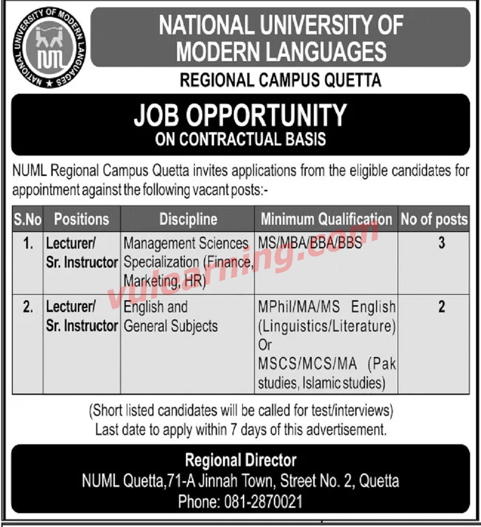 National University of Modern Languages (NUML) Jobs 2020 for Lecturers