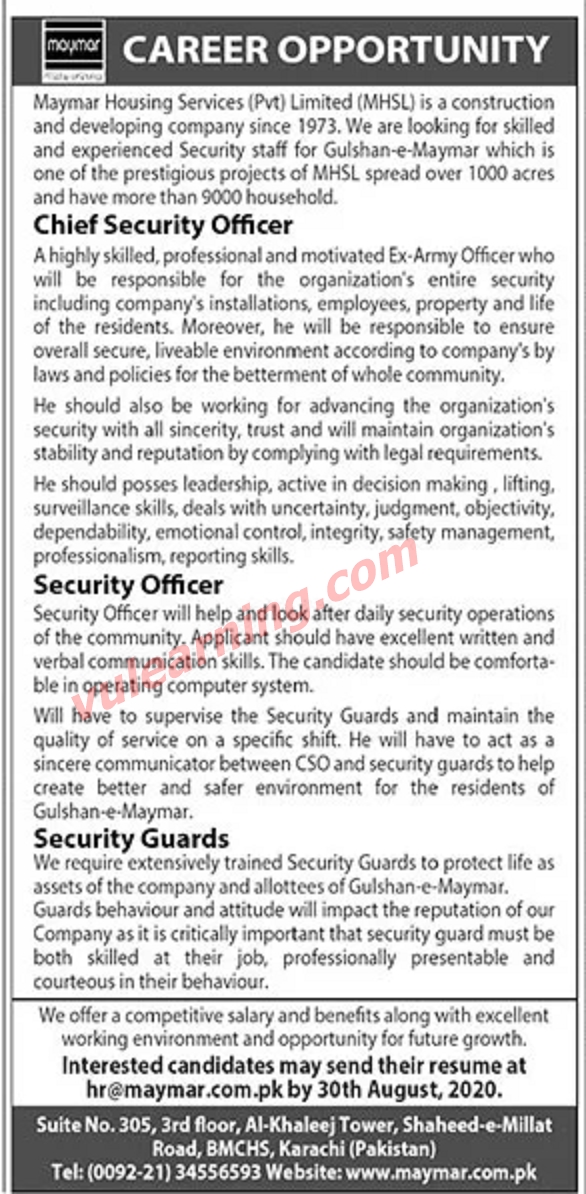 Maymar Housing Services (Pvt) Limited Jobs 2020 for Chief Security Officer, Security Officer