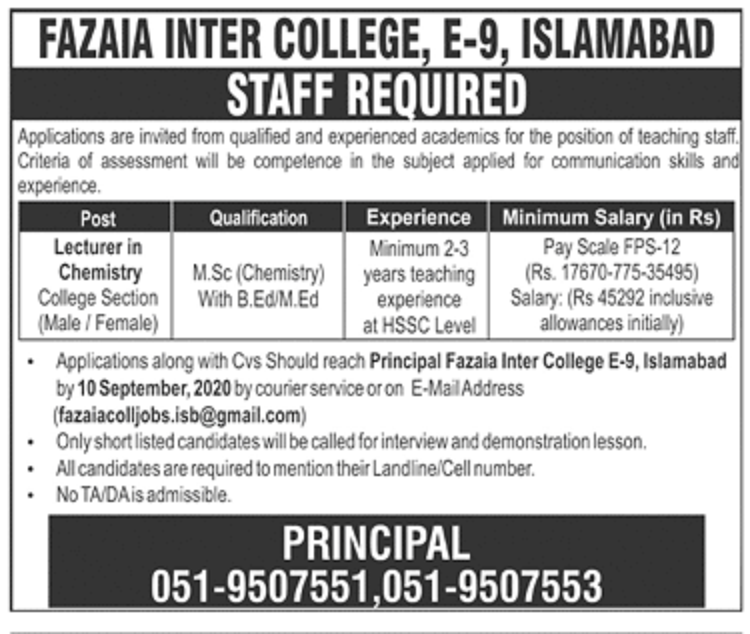 Advertisement Of Fazaia Inter College E-9 Islamabad Jobs September 2020 ...