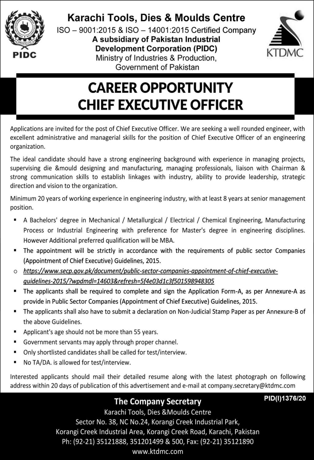 Advertisement Of Karachi Tools Dies Moulds Centre Karachi Jobs 2020 For Chief Executive 