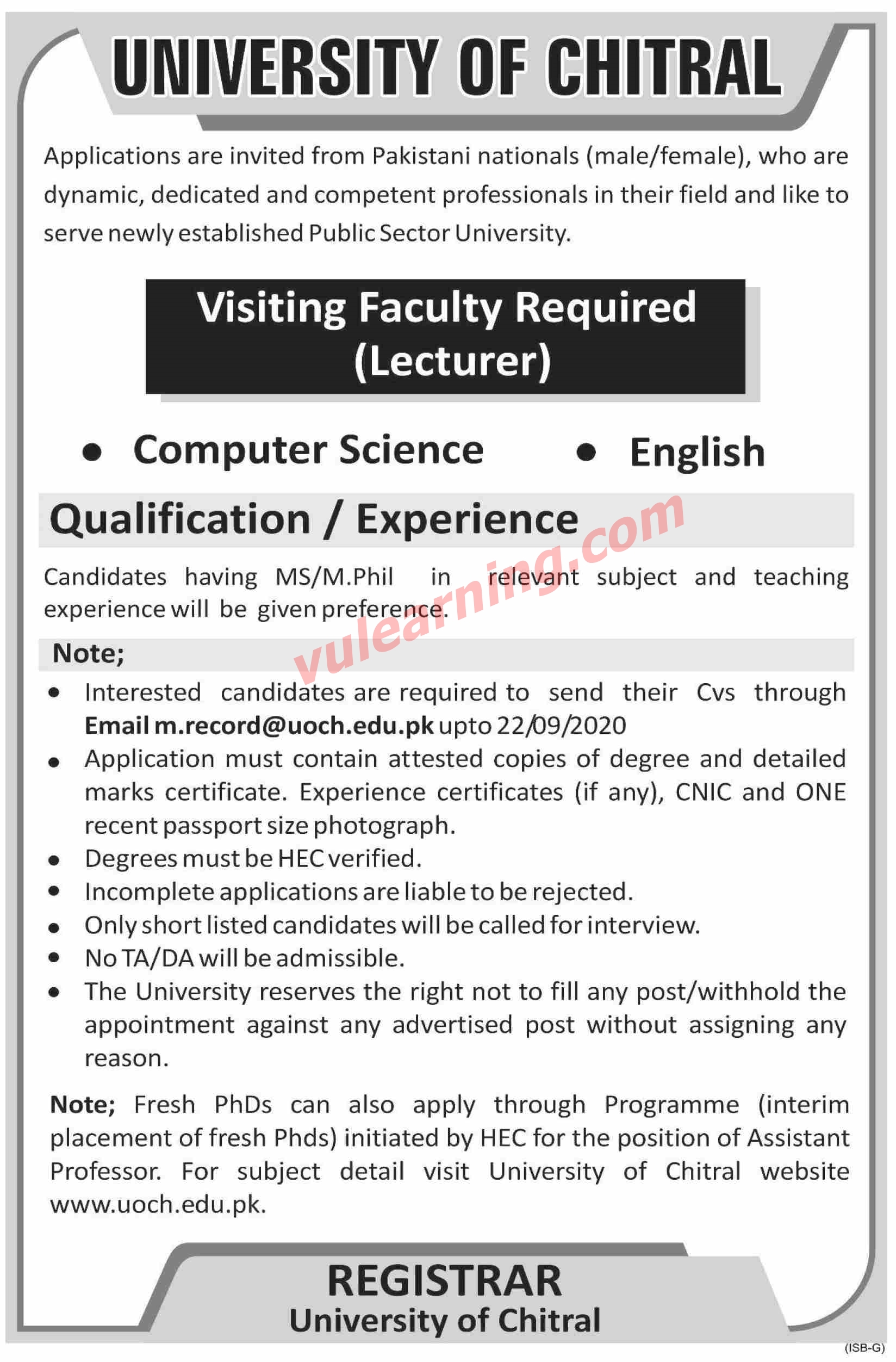 Advertisement Of University Of Chitral Jobs 2020 For Visiting Faculty 