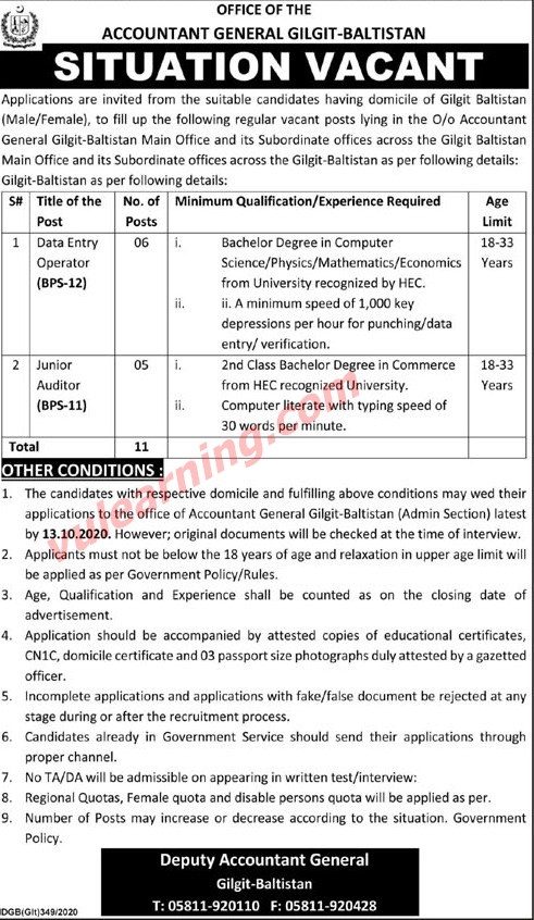 Accountant General Gilgit Baltistan Jobs 2020 for Data Entry Operators ...