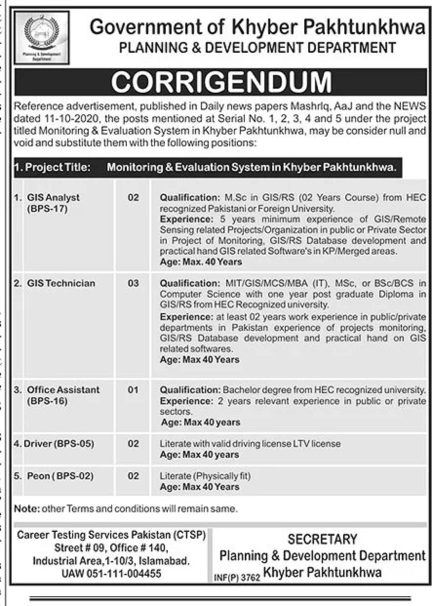 Planning & Development Department KP Jobs 2020 for GIS Analysts, GIS
