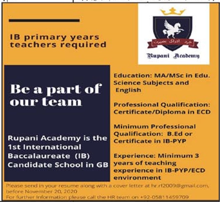 Advertisement of Rupani Academy Gilgit Baltistan Jobs 2020 for Primary